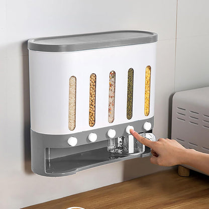 Dry Food Dispenser Wall mounted 5 Grid Cereal Dispenser Storage Rice Dispenser with Measuring Cup Individual Containers and Removable Walls for Rice, Beans, Beads Kitchen