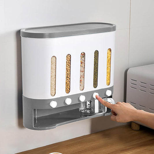 Dry Food Dispenser Wall mounted 5 Grid Cereal Dispenser Storage Rice Dispenser with Measuring Cup Individual Containers and Removable Walls for Rice, Beans, Beads Kitchen