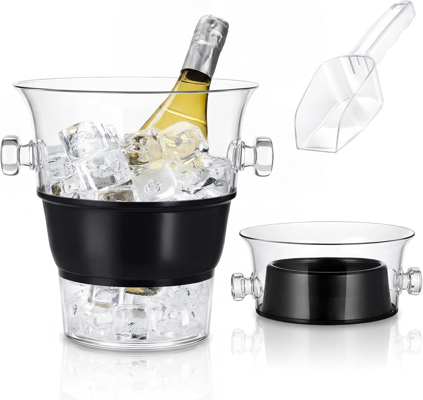 4 Liter Clear Acrylic Collapsible Ice Bucket with Handles for Travel Foldable Durable Thick Wine Champagne Bucket with Scoop Chiller for Bar, Parties, Bbqs, Weddings, Picnics, Outdoors