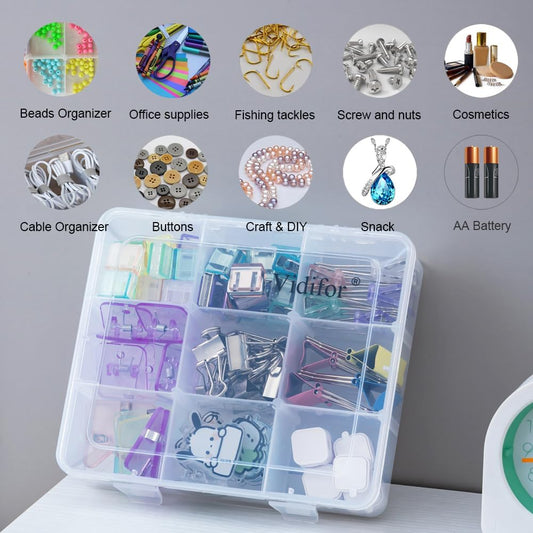 Vidifor 9 Grids Plastic Storage Compartment Organizer Container with Adjustable Dividers for Crafts, Earrings, Screws, Nail, Bandages, Pins and More (1)