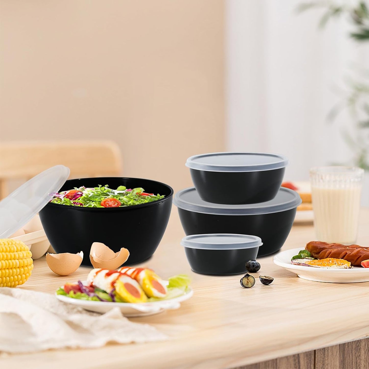 4-Piece Classic Plastic Prep Bowls with Lids, Nesting Plastic Small Mixing Bowl Set for Mixing, Baking, Prepping, Cooking and Serving Food, Microwave and Dishwasher Safe (Yellow)