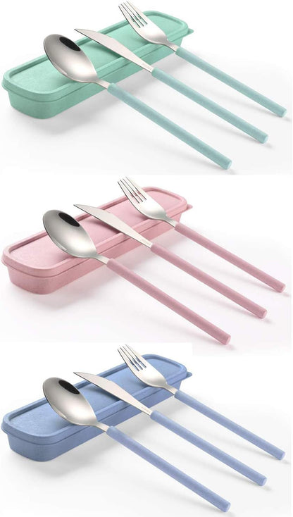 Portable Travel Utensils Set, 18/8 Stainless Steel 3 PCS Cutlery Set Including Knife Fork and Spoon, Reusable Travel Silverware Set with Case for Lunch Box Camping School Office