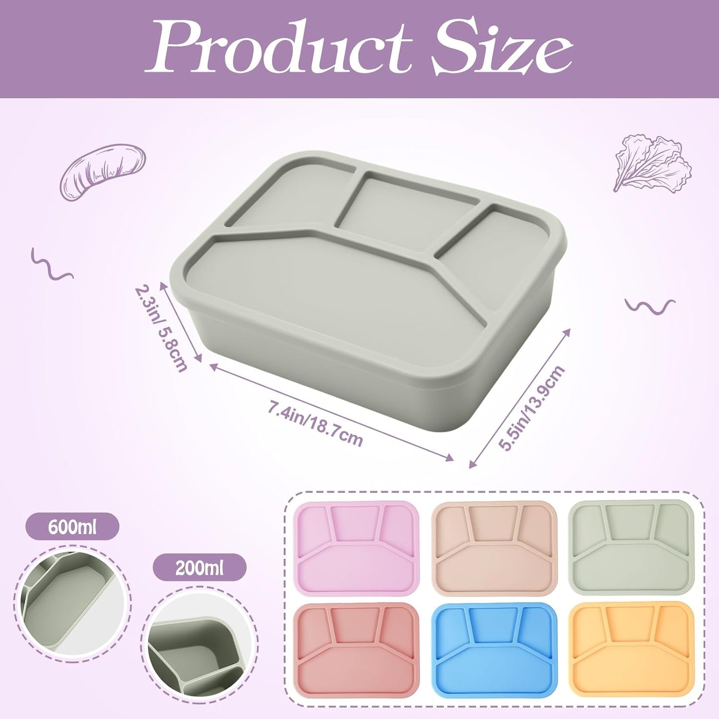 Honeydak 6 Pcs Silicone Bento Box Reusable Lunch Container 4 Compartment Snack Boxes with Lid Smooth LeakProof Rectangle Food Boxes for Adult Work Travel Food Storage (Cute Color)