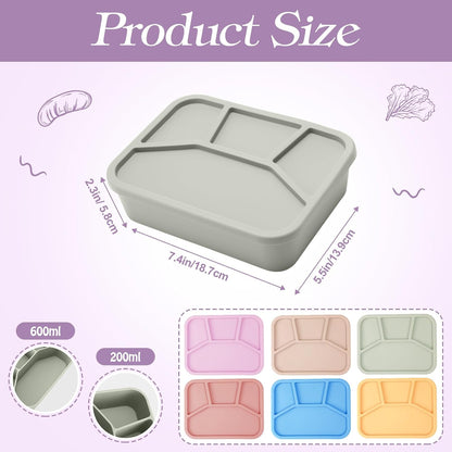Honeydak 6 Pcs Silicone Bento Box Reusable Lunch Container 4 Compartment Snack Boxes with Lid Smooth LeakProof Rectangle Food Boxes for Adult Work Travel Food Storage (Cute Color)