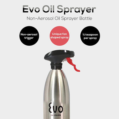 Evo Oil Sprayer 18/8 Stainless Steel, Non-Aerosol for Olive, Cooking Oils, and Vinegars, Silver, 16-Ounce Capacity