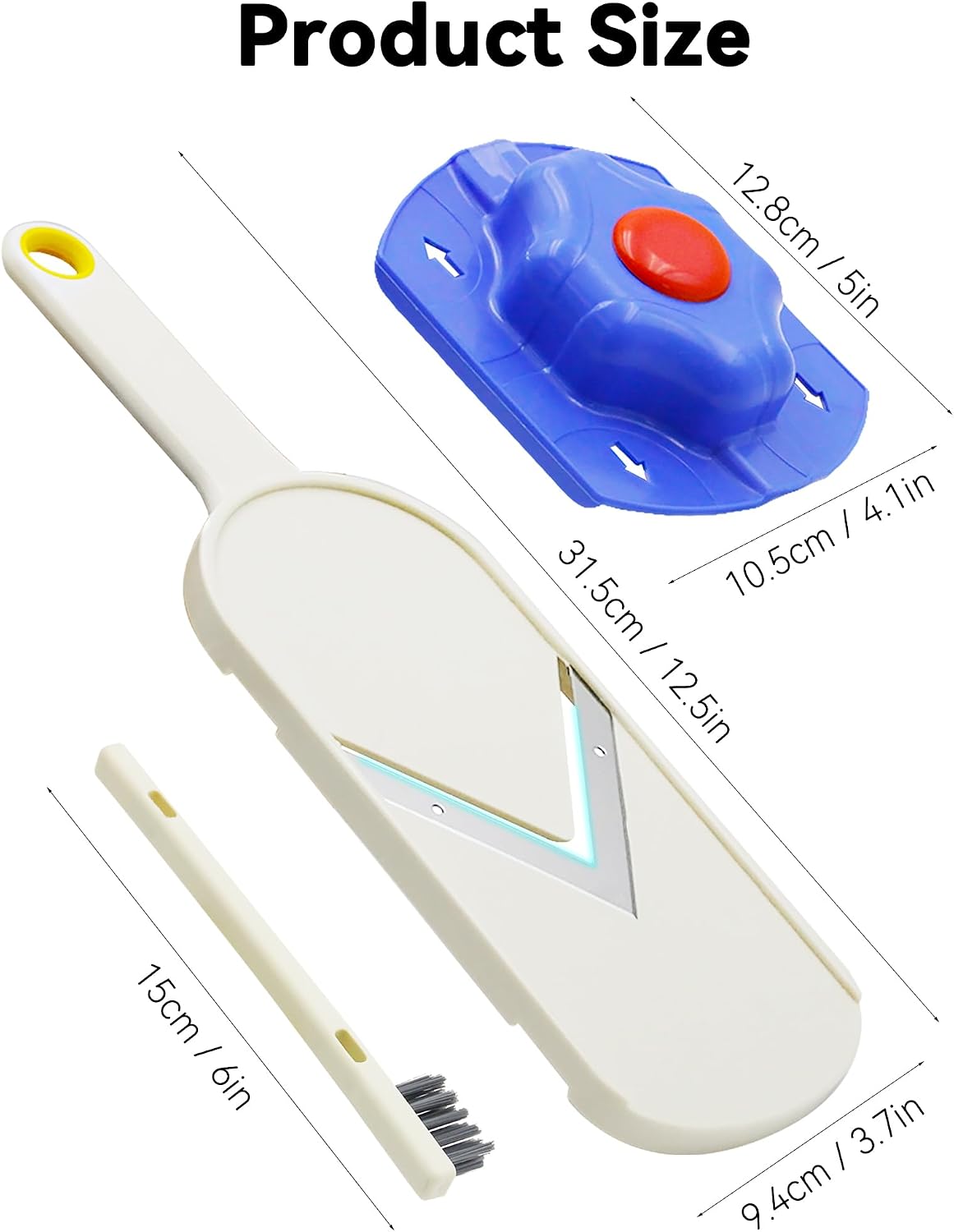 Handheld Mandoline Slicer for Kitchen - Stainless Steel V-Blades with Food Holder & Cleaning Brush, Comfort Grip, Easy to Clean, Vegetable Chopper Cheese Grater for Potato Chips Cucumber Onion Salad
