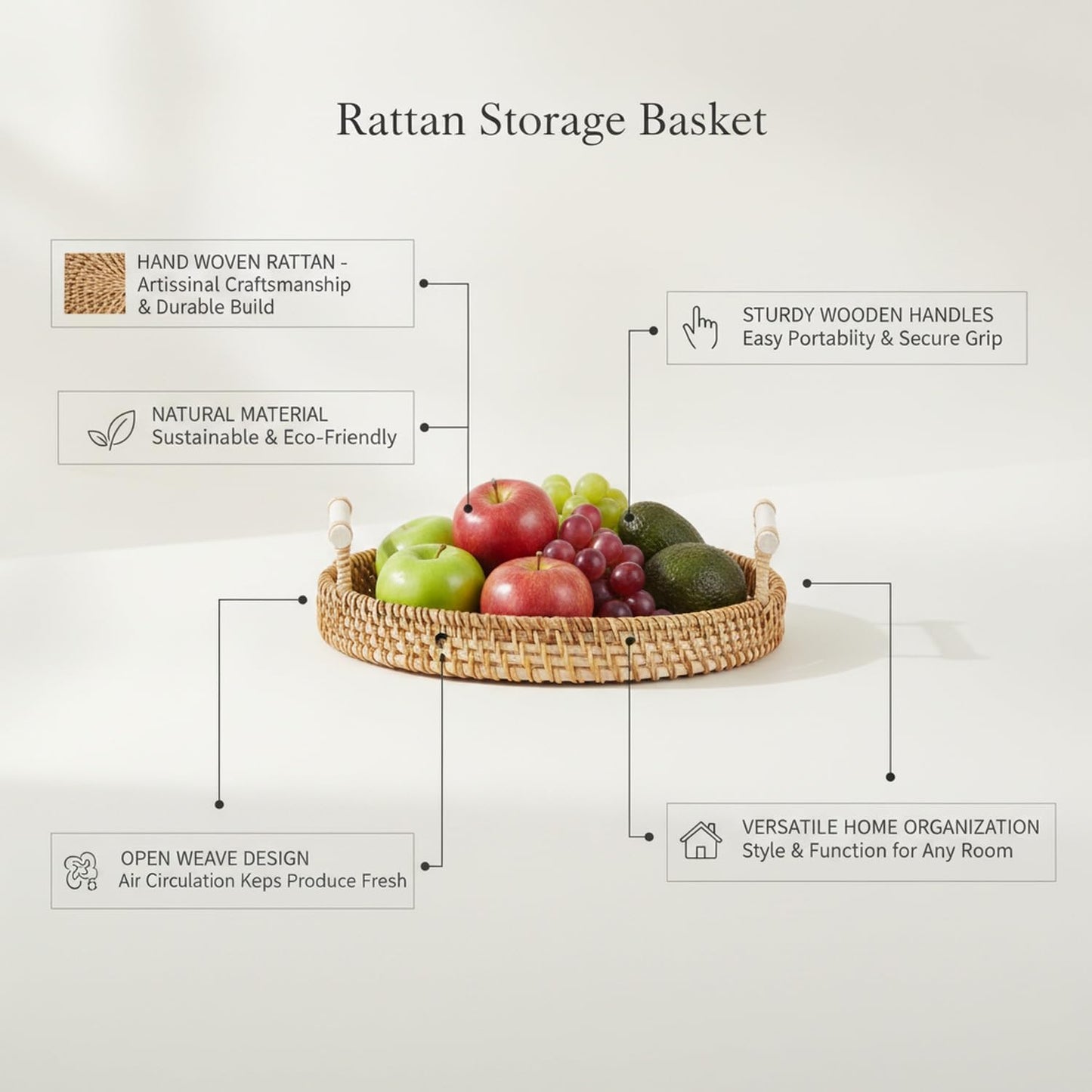 Hand Woven Rattan Basket with Wood Handle, Open Weave Storage Bin for Countertop Organization, Produce, and Home Decor