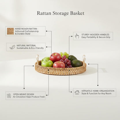 Hand Woven Rattan Basket with Wood Handle, Open Weave Storage Bin for Countertop Organization, Produce, and Home Decor