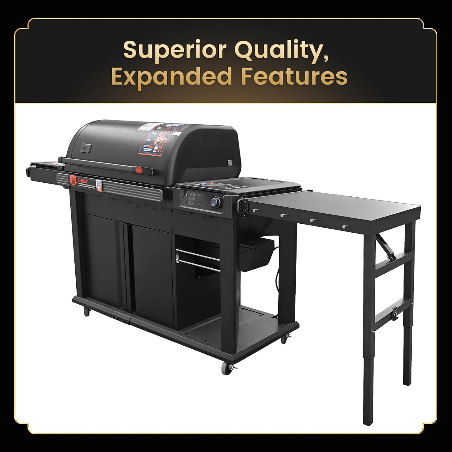 QuliMetal Folding Front Shelf for Traeger Pro 34, Texas Elite 34, Century 885 and Eastwood 34, 37" x 12" Heavy-Duty Grill Prep Table with Cutting Board, Stainless Steel Basin, Lid and 5 Hooks