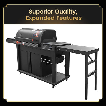 QuliMetal Folding Front Shelf for Traeger Pro 34, Texas Elite 34, Century 885 and Eastwood 34, 37" x 12" Heavy-Duty Grill Prep Table with Cutting Board, Stainless Steel Basin, Lid and 5 Hooks