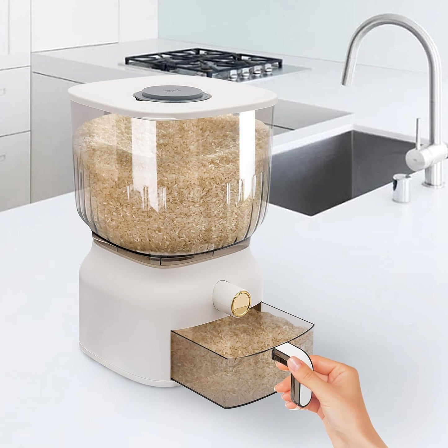 22lbs Square Rice Dispenser Large Sealed Grain Storage Container with Rice Cup Food Dispenser Food Dispenser Bucket Kitchen Organizer for Rice, Beans, Grains, Cereal Dry Food