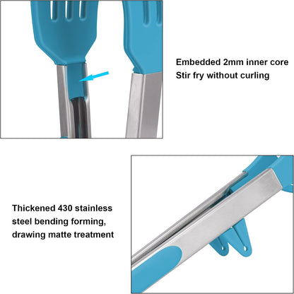 4in1 Stainless Steel Kitchen Food Tongs Set for Cooking with Silicone Tips, Toaster Steak Pie Pizza Pasta Spaghetti Noodles Salad Fruit Vegetable Grill BBQ Buffet Clamp Serving Tools Gadgets