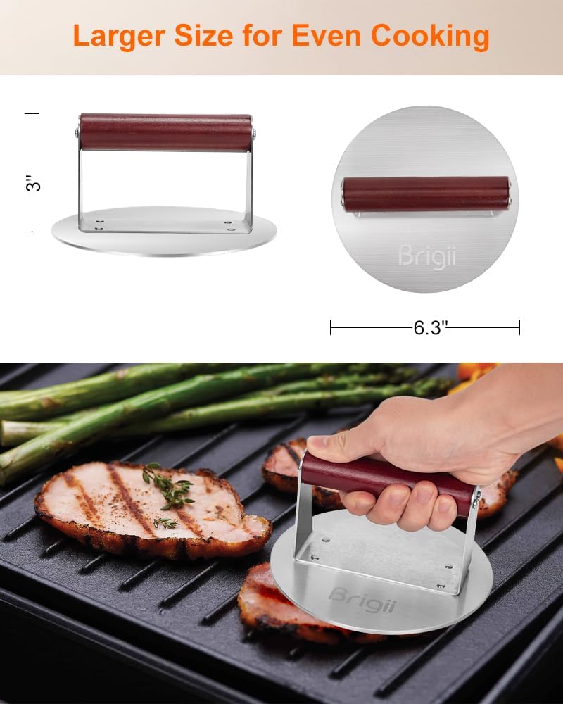 Brigii 8.5" Stainless Steel Smash Burger Press, Heavy Duty Smasher