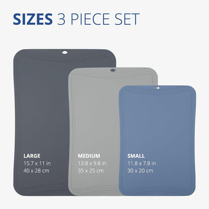 Blue Ginkgo TPU Cutting Mats [Set of 3] – Korean-Made Flexible, Knife-Friendly, Durable Kitchen Cutting Boards (Dark Gray, Gray, Blue)