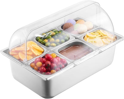 VEVOR Chilled Condiment Server Caddy, 5 Compartment Ice Cooled Serving Container, Plastic Fruit Garnish Tray Platter with Lid, for Taco Salad Bar Accessories, Party Home Restaurant Supplies