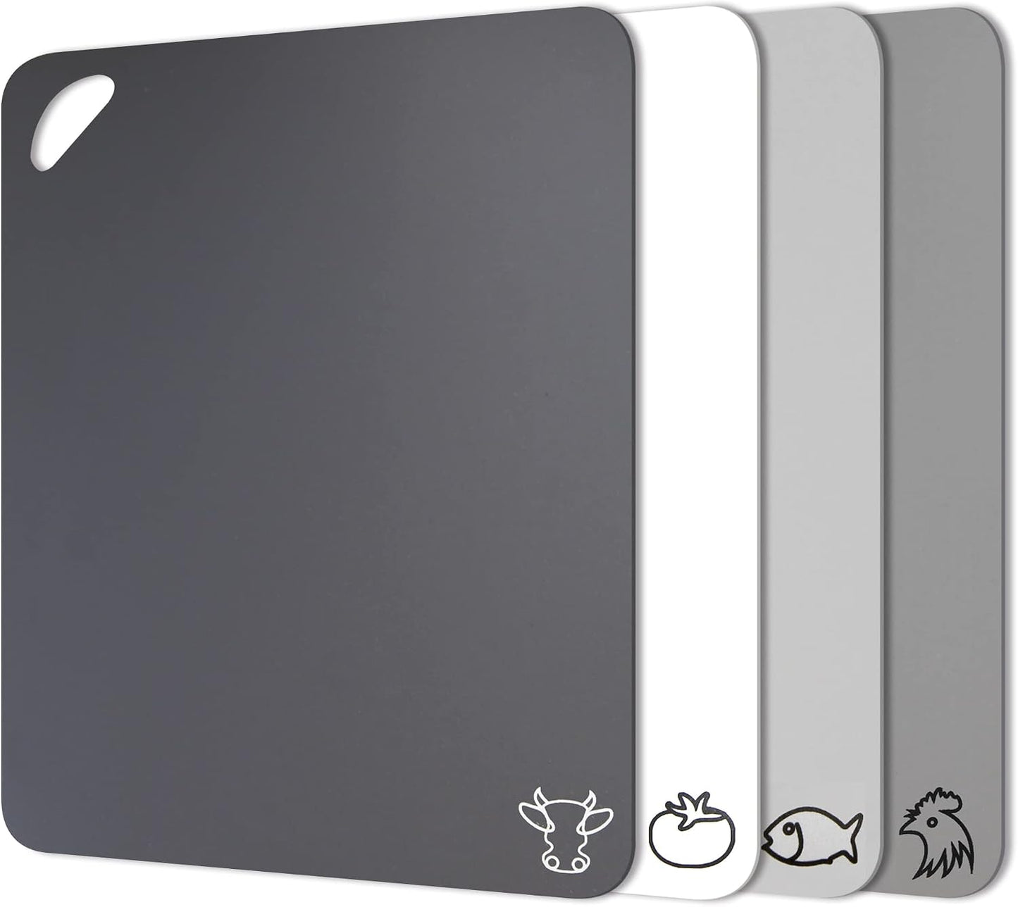 Fotouzy Plastic Cutting Boards with Food Icons, Set of 4, Flexible Cutting Mats with Hole, BPA-Free, Non-Slip and Dishwasher Safe, Modern Neutral Colors