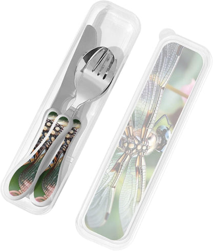 3-Piece Kids Silverware Set With Storage Case, Stainless Steel Reusable Children Safe Knife Spoon Fork Set Dragonfly Insects Flowers Children Flatware Set For Kids Lunch Box