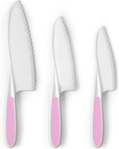 Zulay Kitchen 3-Piece Kids Knife Set for Real Cooking & Baking - Toddler Knives for Cutting Fruits, Veggies, & Cake - Children’s Montessori Knive with Serrated Edges - Safe & Fun Lettuce Knife (Red)