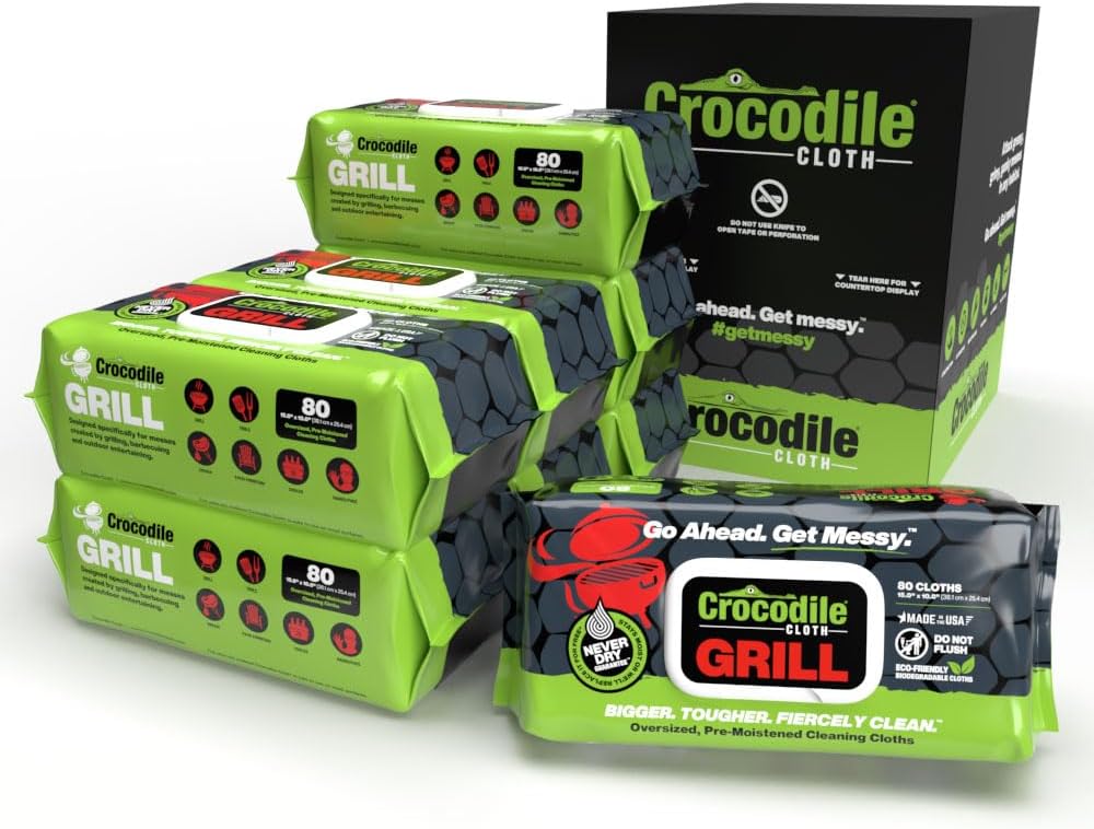 Crocodile Cloth Grill - 80 (15" x 10") Plant-based Cleaning Wipes. Safe on Skin & Multiple Surfaces. Infused with Aloe & Vitamin E. Large, Pre-Moistened & Absorbent.