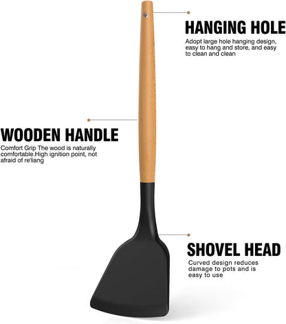 Silicone Cooking Utensils Set - AVGPD Silicone Kitchen Utensils for Cooking Wooden Handles, 446°F Heat Resistant Kitchen Utensil Spatula Sets, Gadgets for Non-Stick Cookware BPA FREE (Black)