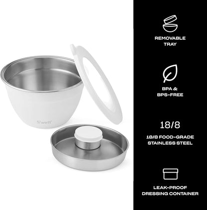 S'well Stainless Steel Salad Bowl Kit 64oz, Peacock Blue, Comes with 2oz Mini Canister and Removable Tray for Organization, Leakproof, Easy to Clean, Dishwasher Safe