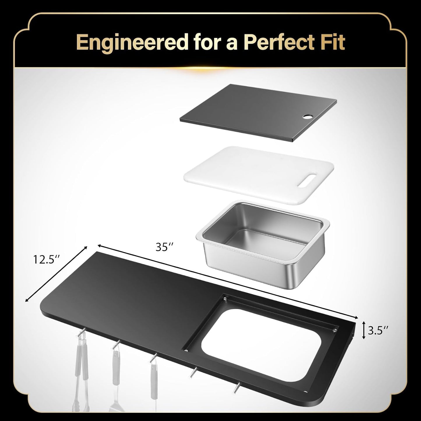 QuliMetal Folding Front Shelf for Traeger Pro 34, Texas Elite 34, Century 885 and Eastwood 34, 37" x 12" Heavy-Duty Grill Prep Table with Cutting Board, Stainless Steel Basin, Lid and 5 Hooks