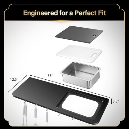 QuliMetal Folding Front Shelf for Traeger Pro 34, Texas Elite 34, Century 885 and Eastwood 34, 37" x 12" Heavy-Duty Grill Prep Table with Cutting Board, Stainless Steel Basin, Lid and 5 Hooks