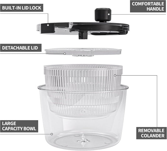 Cambom Salad Spinner Lettuce Spinner, Wash, Spin & Dry Salad Greens, Vegetable Washer Salad Dryer With Rotary Handle for Fruits & Vegetables, High Efficiency Vegetable Spinner Kitchen Gadget 3Qt Black
