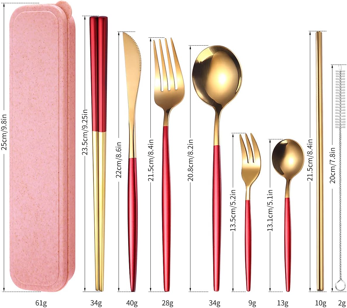 AARAINBOW 8 Pieces Stainless Steel Flatware Set Portable Reusable Cutlery Set Travel Utensils Set Including Chopsticks Knife Fork Spoon Straws Cleaning Brush Dishwasher Safe (Pink Golden)