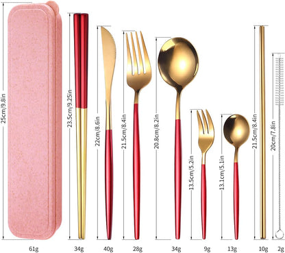 AARAINBOW 8 Pieces Stainless Steel Flatware Set Portable Reusable Cutlery Set Travel Utensils Set Including Chopsticks Knife Fork Spoon Straws Cleaning Brush Dishwasher Safe (Pink Golden)