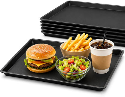 Plastic Food Serving Trays 14.7"x10.7" (2-Pack) - Black - Reusable Serving Platters for Christmas Party, School Cafeterias, Food Courts, Bakeries - Stackable & Dishwasher-Safe