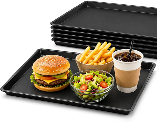 Plastic Food Serving Trays 14.7"x10.7" (2-Pack) - Black - Reusable Serving Platters for Christmas Party, School Cafeterias, Food Courts, Bakeries - Stackable & Dishwasher-Safe