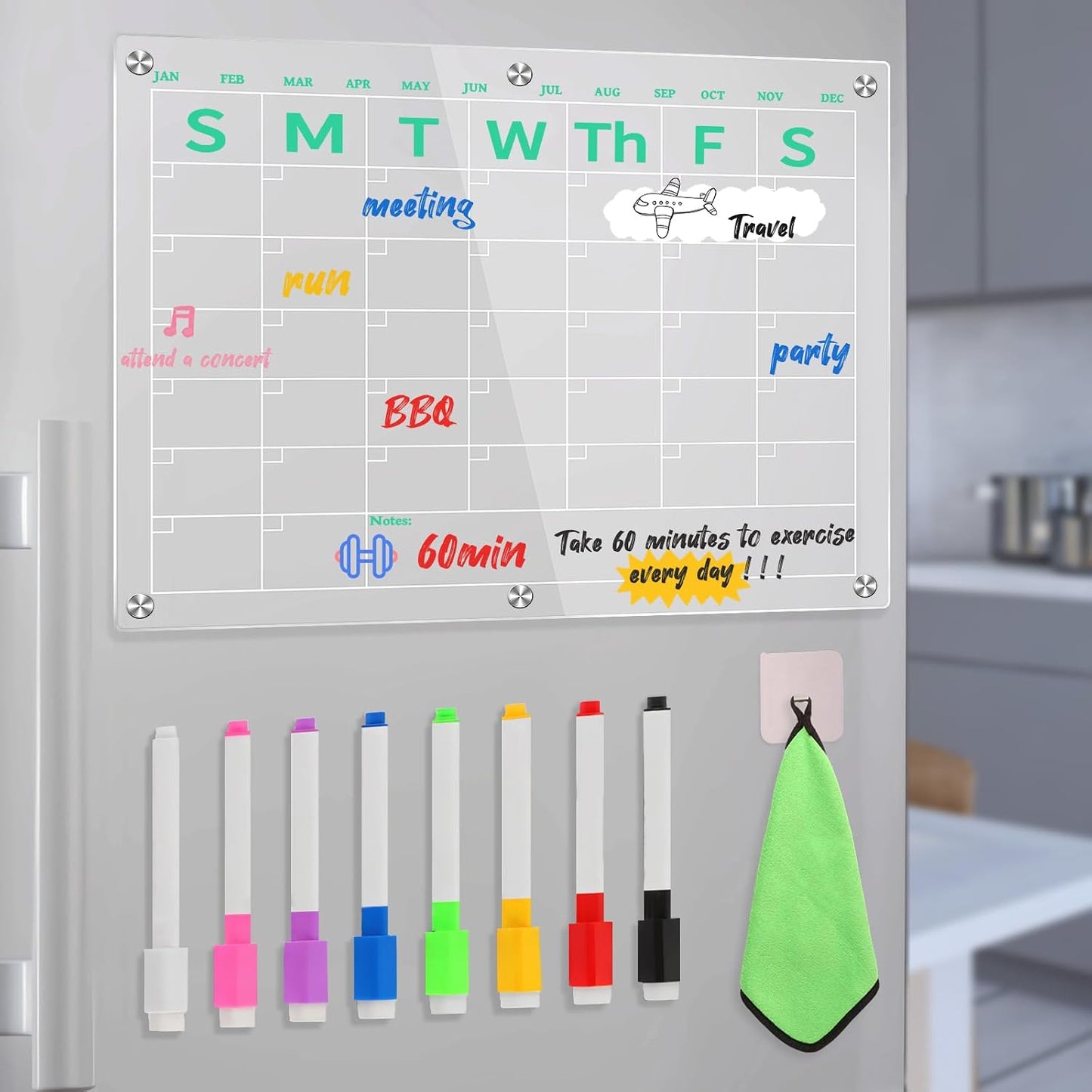 Fridge Calendar 15"x11", Magnetic Calendar for Refrigerator, Acrylic Whiteboard Calender Dry Erase, Monthly Meal Planner for Refrigerator, w/8 Markers (Blue)