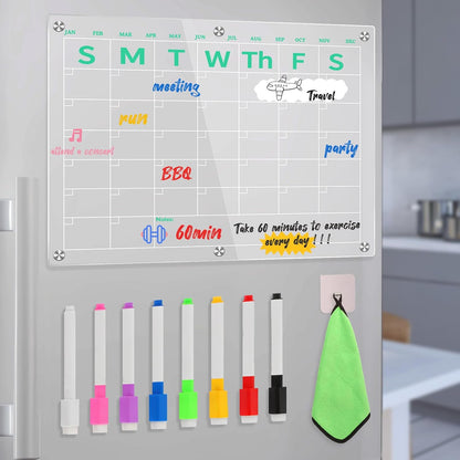 Fridge Calendar 15"x11", Magnetic Calendar for Refrigerator, Acrylic Whiteboard Calender Dry Erase, Monthly Meal Planner for Refrigerator, w/8 Markers (Blue)