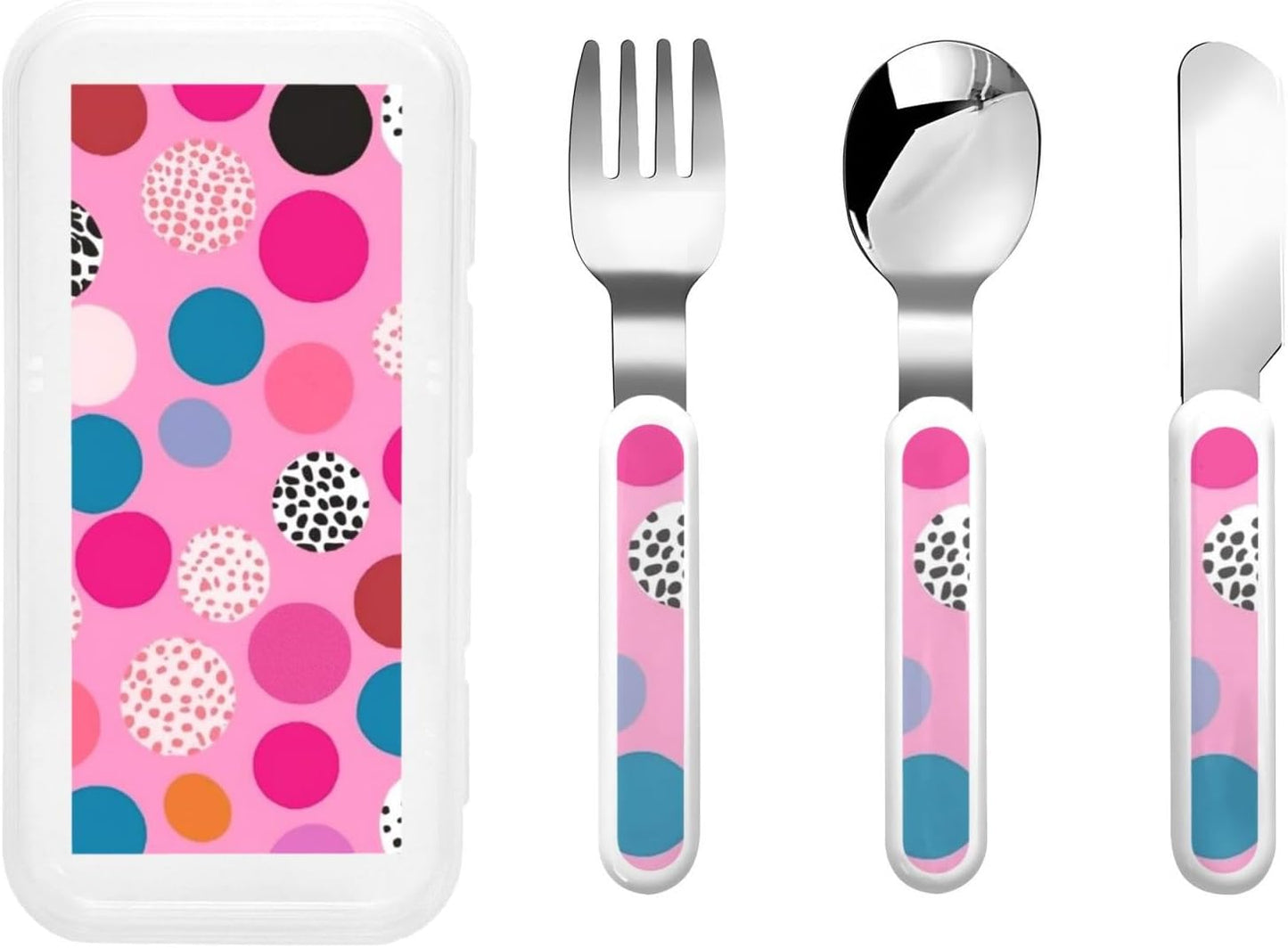 3-Piece Children Utensils Set Crazy polka dots Knife Spoon Fork Set Stainless Steel Silverware Set Easy-Grip Reusable Utensils Set Child Flatware Set with Case for Lunch Travel