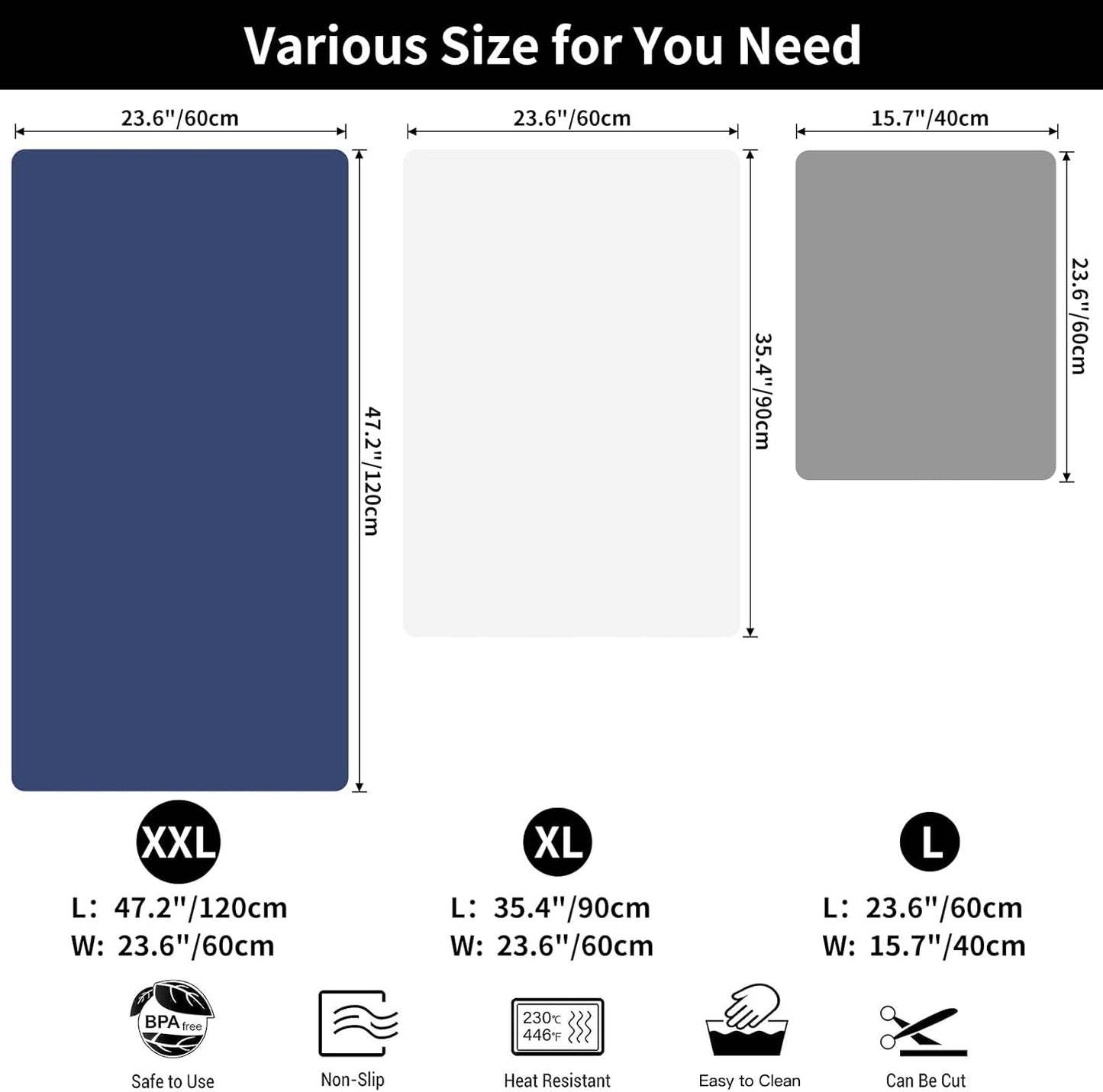 Super Large Silicone Mat, 120"x24" Silicone Mats for Kitchen Counter, Non-slip Heat Resistant Mat,Thicken Kitchen Counter Mat, Waterproof Countertop Protector for Craft (Black)