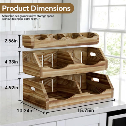 3-Tier Solid Wood Potato and Onion Storage Bin for Kitchen Counter, Stackable Fruit Vegetable Basket with 4-Compartment Top Tray Removable Adjustable, Ventilated Pantry Organizers and Storage
