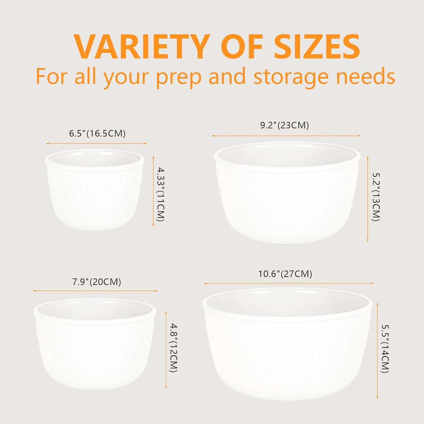 BoxedHome Plastic Mixing Bowls with Lids Set,4.97QT Large Capacity Deep Nesting Bowl,8 Pieces Set BPA-Free Prep Bowls,Dishwasher & Microwave Safe,Beige