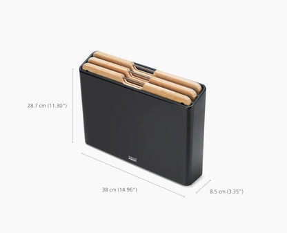 Joseph Joseph Folio 4-Piece Colour coded Cutting Board Set, Stainless Steel Slimline case for organized Kitchen storage, Black