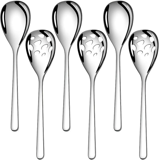 Slotted & Solid Serving Spoons Set, 9.4 Inch Stainless Steel Perforated Serving Spoons for Vegetables, Salad, Pasta, 3 Tablespoons, 3 Slotted Spoons