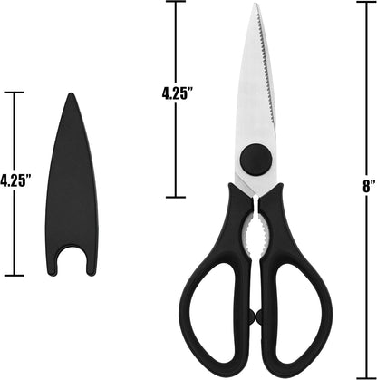 Grip Multi-Purpose Stainless Steel Kitchen Scissors - Non-Slip TPR Grip - Serrated Blade - Cuts Meat, Vegetables, Fish, Poultry, Fruits, Pizza - Nut cracker/Bottle opener - Dishwasher Safe (Blk/Grey)
