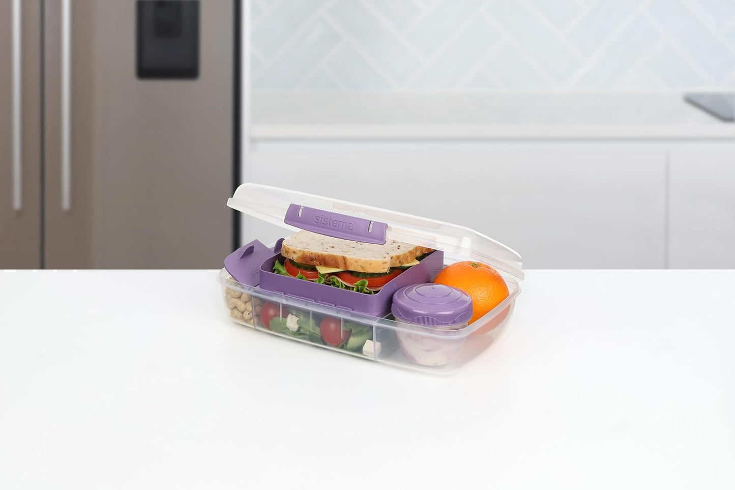 Sistema Bento Box Adult Lunch Box with 3 Compartments, 2 Removable Trays, and Salad Dressing Container, Dishwasher Safe, Color May Vary, 42 oz./1.25L Size (Pack of 4)