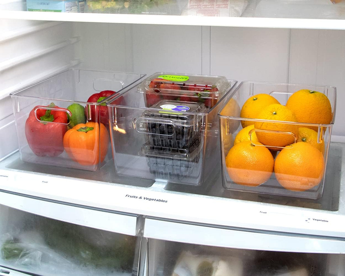 Isaac Jacobs 3-Pack Medium Clear Storage Bins with Handles, Plastic Organizer for Home or Fridge/Freezer, Pantry and Kitchen Non-Slip Container Set, BPA Free, Food Safe (3-Pack, Medium)