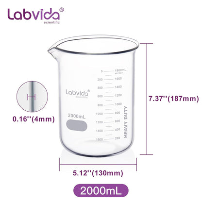 Upgrated 6 Size Low Form Glass Beaker Set, 25ml 50ml 100ml 250ml 500ml 1000ml, 3.3 Boro Glass beakers with Printed Graduation, LVA019