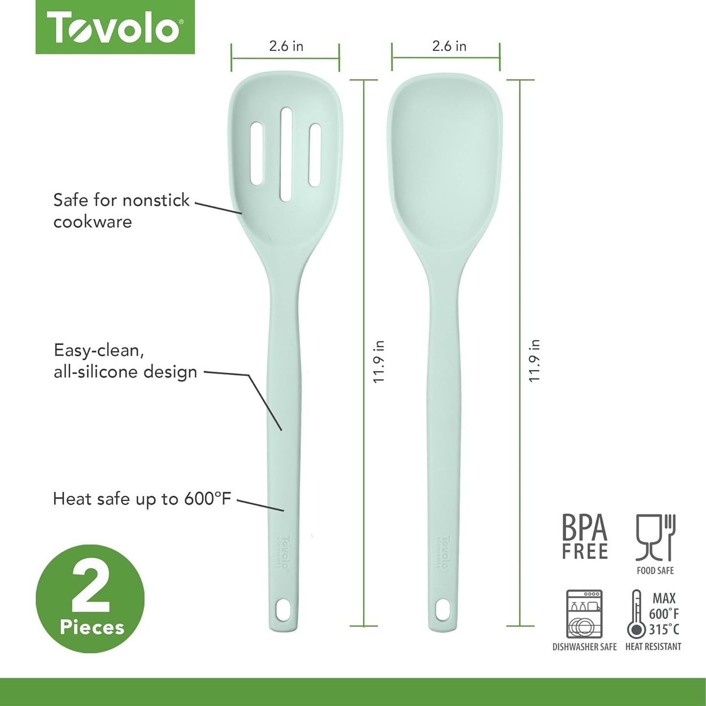 Tovolo Elements Silicone Spoon Set of 2 Mixing and Slotted Spoon Bundle for Non Stick Cooking Mixing Serving, Dishwasher Safe Heat Resistant Slotted Spoon and Mixing Serving Spoon, Oatmeal