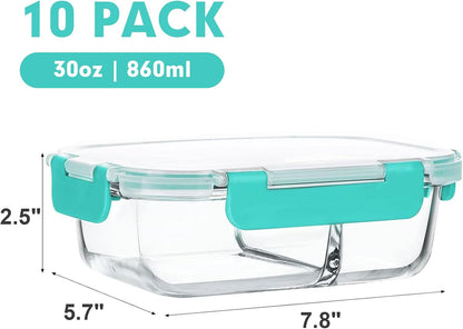 M MCIRCO [10-Pack,30 Oz Glass Meal Prep Containers 2 Compartments Airtight Lunch Bento Boxes with Lids, Glass Food Storage Containers, Microwave, Oven, Freezer and Dishwasher, White