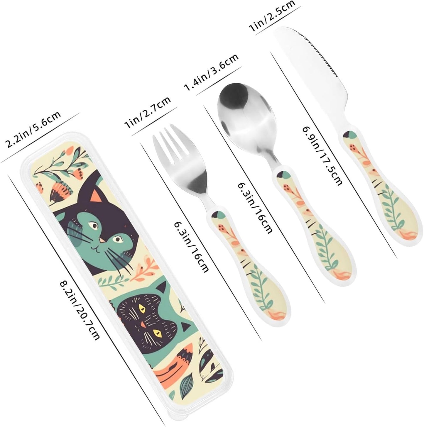 3-Piece Kids Silverware Set With Storage Case, Stainless Steel Reusable Children Safe Knife Spoon Fork Set Cute Kittens Children Flatware Set For Kids Lunch Box