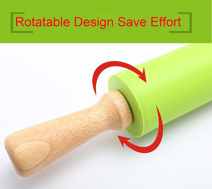 Silicone Rolling Pin, Green 9 Inch Pin with Wooden Rotatable Handle for Dough of Baking Bread, Cookie, Pizza (green, 9 inch)