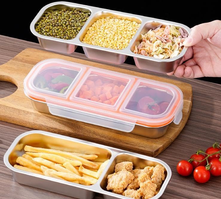 Stainless Steel Snack Containers with Lids – Reusable 3-Compartment Divided Food Storage Box for Various occasions, Portable Sauce Cups and Condiment Holder for Travel, Lunch, On-the-Go