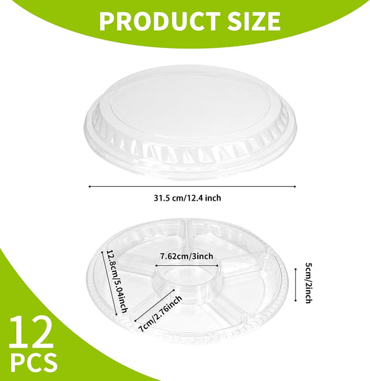 12 Pack 6 Divided Round Plastic Serving Trays, Clear Veggie Tray with Lid
